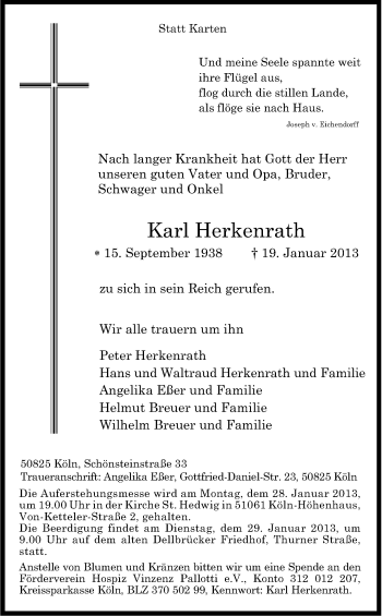 Anzeige von Karl Herkenrath von Kölner Stadt-Anzeiger / Kölnische Rundschau / Express