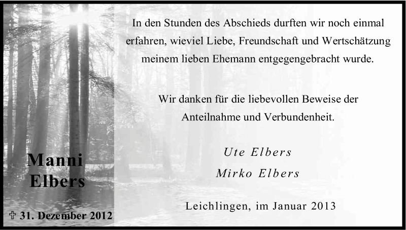  Traueranzeige für Manni Elbers vom 26.01.2013 aus Kölner Stadt-Anzeiger / Kölnische Rundschau / Express