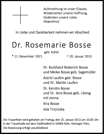 Anzeige von Rosemarie Bosse von Kölner Stadt-Anzeiger / Kölnische Rundschau / Express