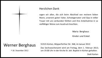 Anzeige von Werner Berghaus von Kölner Stadt-Anzeiger / Kölnische Rundschau / Express