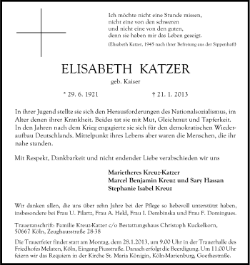 Anzeige von Elisabeth Katzer von Kölner Stadt-Anzeiger / Kölnische Rundschau / Express