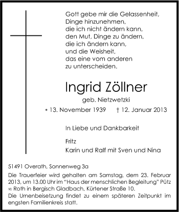Anzeige von Ingrid Zöller von Kölner Stadt-Anzeiger / Kölnische Rundschau / Express