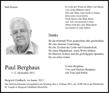 Anzeige von Paul Berghaus von Kölner Stadt-Anzeiger / Kölnische Rundschau / Express