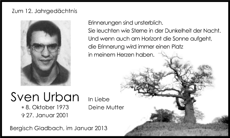  Traueranzeige für Sven Urban vom 26.01.2013 aus Kölner Stadt-Anzeiger / Kölnische Rundschau / Express