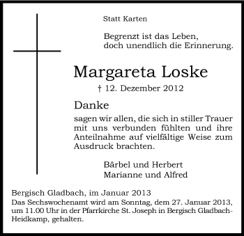 Anzeige von Margareta Loske von Kölner Stadt-Anzeiger / Kölnische Rundschau / Express