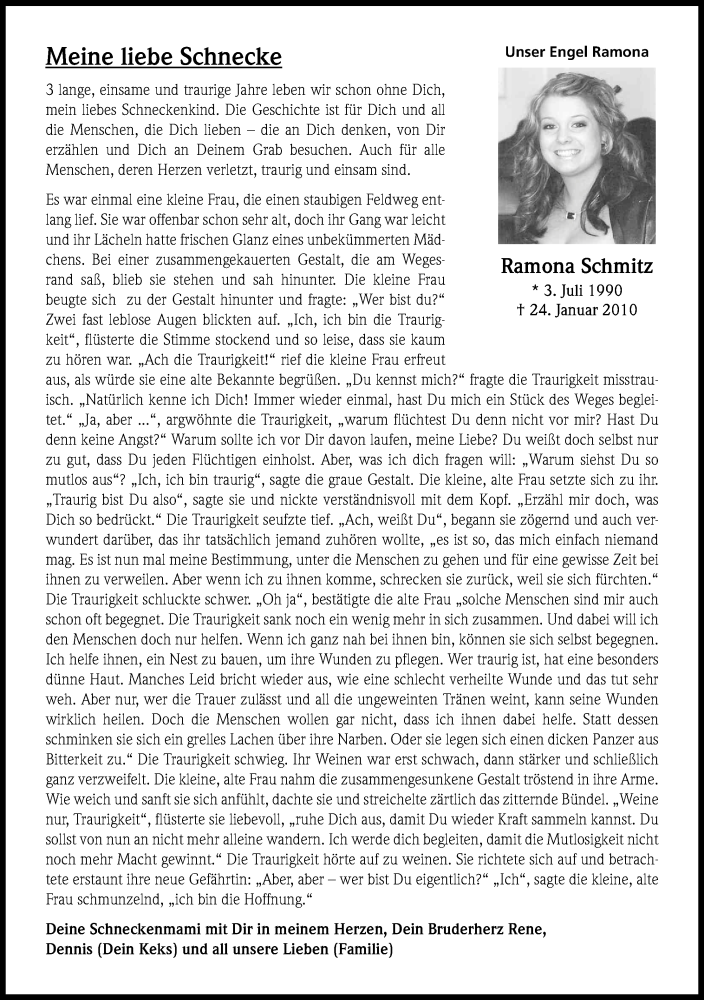  Traueranzeige für Ramona Schmitz vom 24.01.2013 aus Kölner Stadt-Anzeiger / Kölnische Rundschau / Express