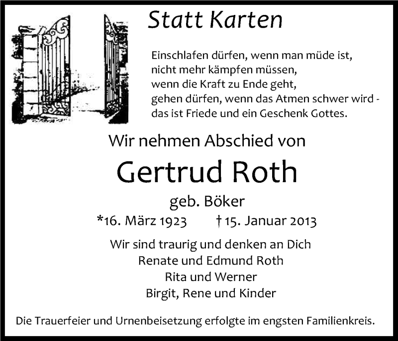  Traueranzeige für Gertrud Roth vom 02.02.2013 aus Kölner Stadt-Anzeiger / Kölnische Rundschau / Express