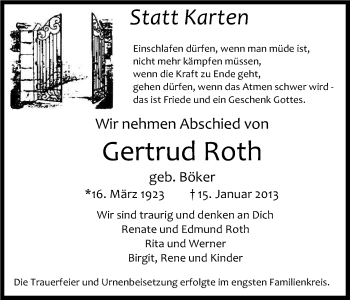 Anzeige von Gertrud Roth von Kölner Stadt-Anzeiger / Kölnische Rundschau / Express