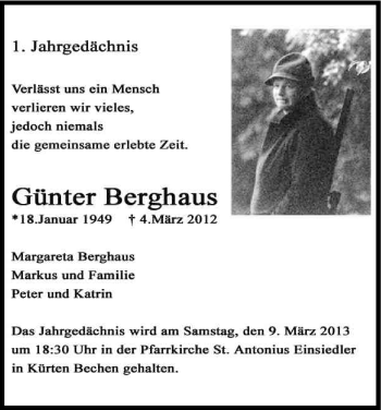 Anzeige von Günter Berghaus von Kölner Stadt-Anzeiger / Kölnische Rundschau / Express