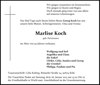 Anzeige von Marlise Koch von Kölner Stadt-Anzeiger / Kölnische Rundschau / Express