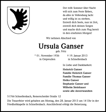 Anzeige von Ursula Ganser von Kölner Stadt-Anzeiger / Kölnische Rundschau / Express