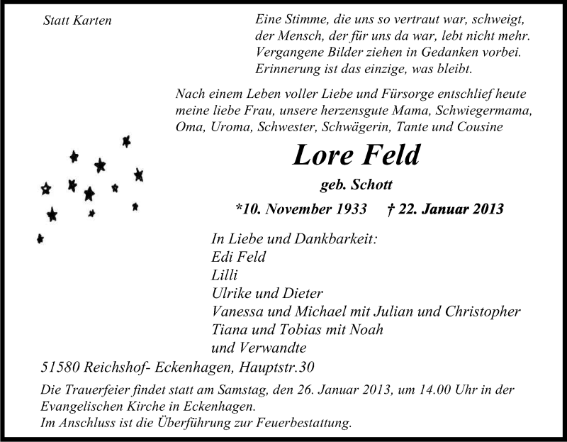  Traueranzeige für Lore Feld vom 24.01.2013 aus Kölner Stadt-Anzeiger / Kölnische Rundschau / Express