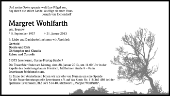 Anzeige von Margret Wohlfarth von Kölner Stadt-Anzeiger / Kölnische Rundschau / Express