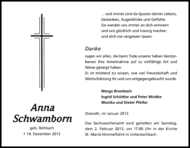  Traueranzeige für Anna Schwamborn vom 26.01.2013 aus Kölner Stadt-Anzeiger / Kölnische Rundschau / Express