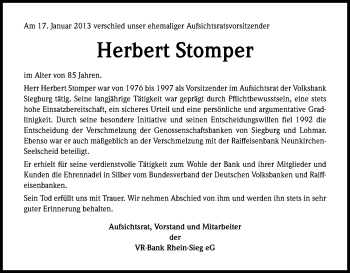Anzeige von Herbert Stomper von Kölner Stadt-Anzeiger / Kölnische Rundschau / Express