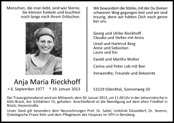 Anzeige von Anja  Maria Rieckhoff von Kölner Stadt-Anzeiger / Kölnische Rundschau / Express