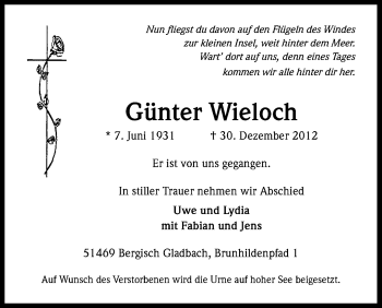 Anzeige von Günter Wieloch von Kölner Stadt-Anzeiger / Kölnische Rundschau / Express