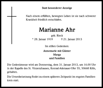 Anzeige von Marianne Ahr von Kölner Stadt-Anzeiger / Kölnische Rundschau / Express