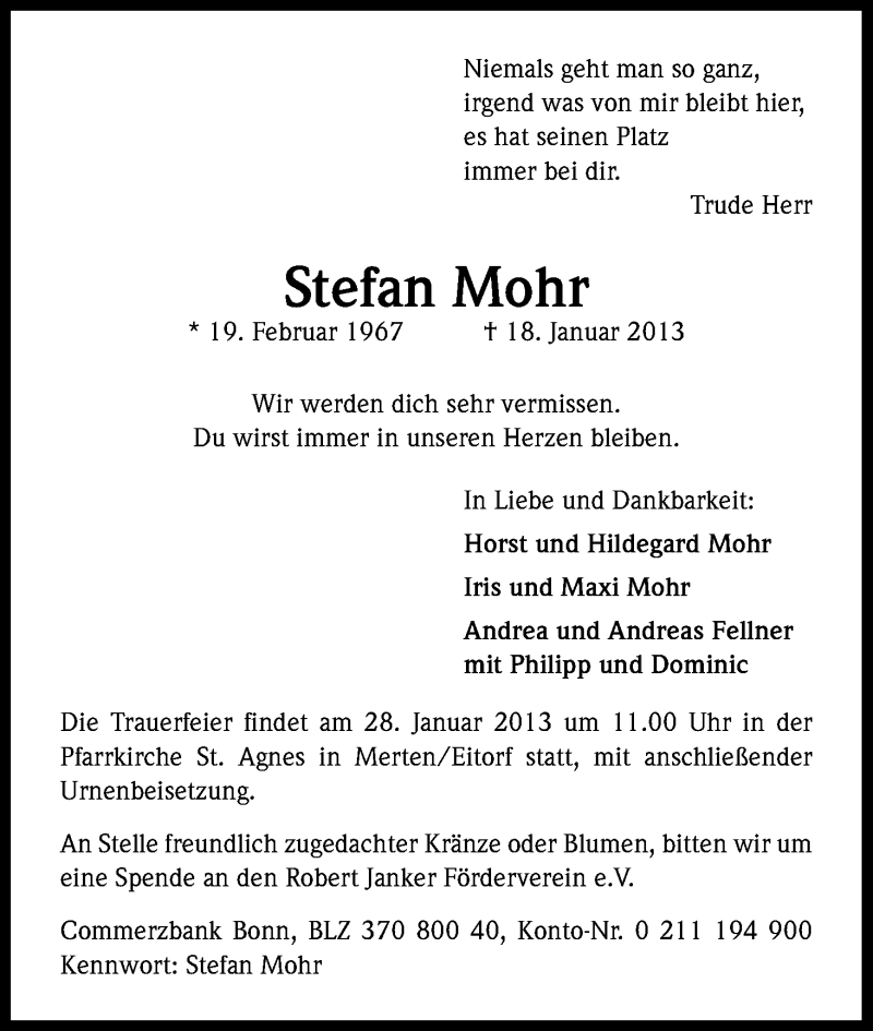  Traueranzeige für Stefan Mohr vom 24.01.2013 aus Kölner Stadt-Anzeiger / Kölnische Rundschau / Express