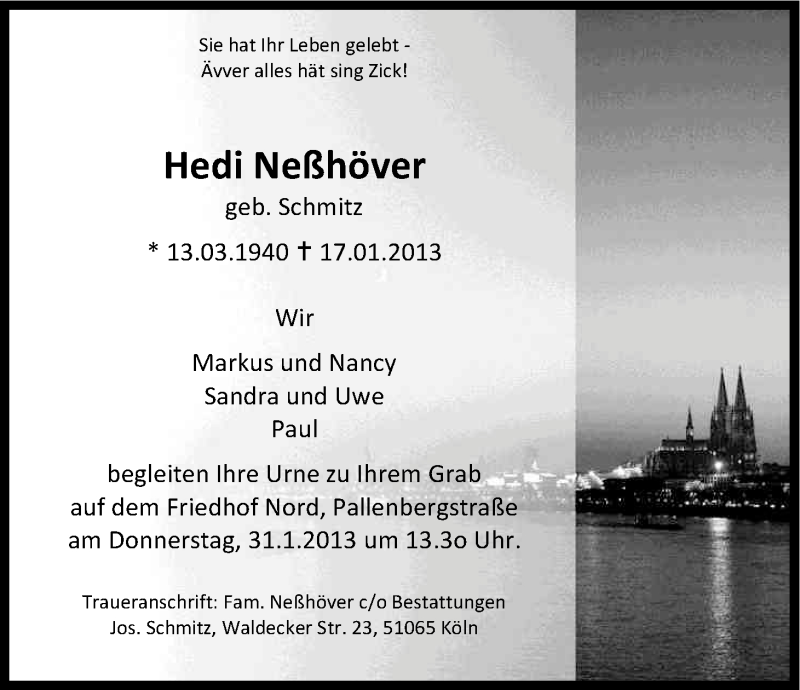  Traueranzeige für Hedwig Neßhöver vom 26.01.2013 aus Kölner Stadt-Anzeiger / Kölnische Rundschau / Express
