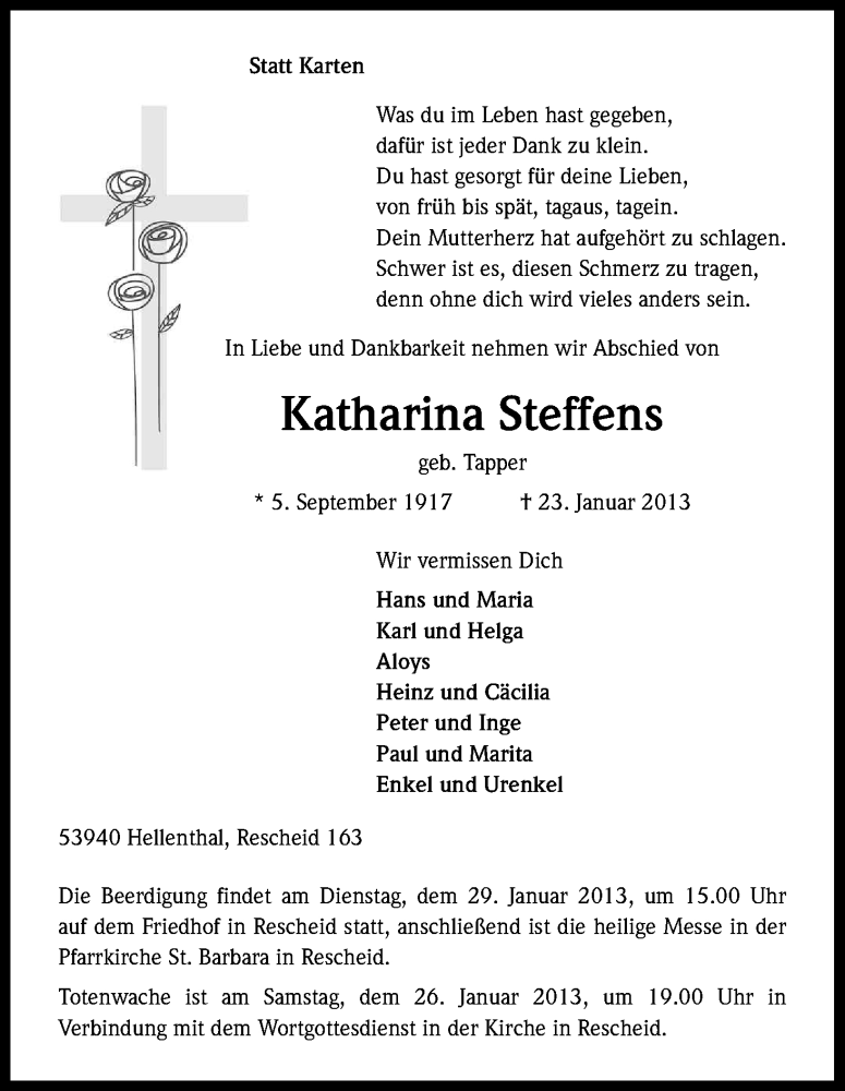  Traueranzeige für Katharina Steffens vom 25.01.2013 aus Kölner Stadt-Anzeiger / Kölnische Rundschau / Express