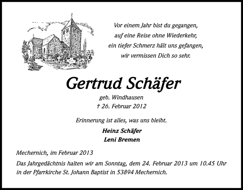  Traueranzeige für Gertrud Schäfer vom 16.02.2013 aus Kölner Stadt-Anzeiger / Kölnische Rundschau / Express