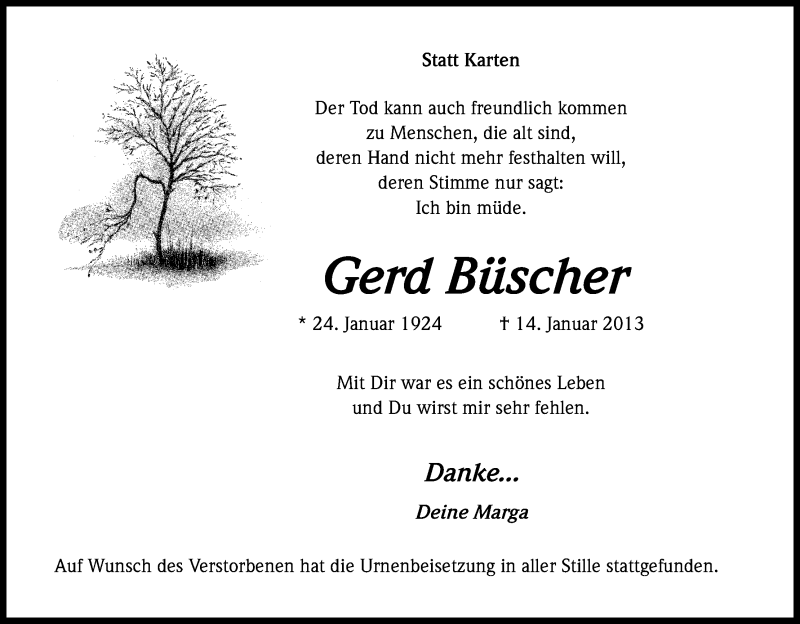  Traueranzeige für Gerd Büscher vom 26.01.2013 aus Kölner Stadt-Anzeiger / Kölnische Rundschau / Express