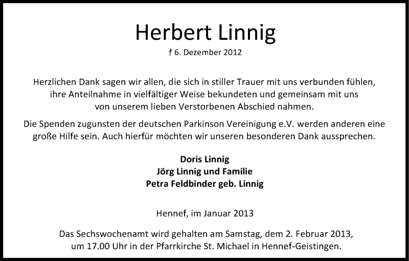 Traueranzeige für Herbert Linnig vom 26.01.2013 aus Kölner Stadt-Anzeiger / Kölnische Rundschau / Express