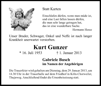 Anzeige von Kurt Gunzer von Kölner Stadt-Anzeiger / Kölnische Rundschau / Express