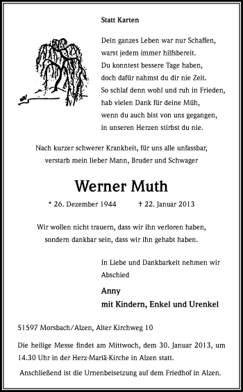 Anzeige von Werner Muth von Kölner Stadt-Anzeiger / Kölnische Rundschau / Express