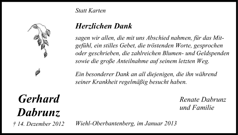  Traueranzeige für Gerhard Dabrunz vom 26.01.2013 aus Kölner Stadt-Anzeiger / Kölnische Rundschau / Express