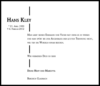 Anzeige von Hans Kley von Kölner Stadt-Anzeiger / Kölnische Rundschau / Express