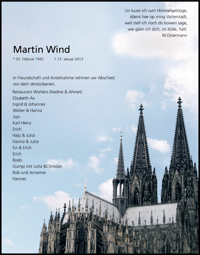  Traueranzeige für Martin Wind vom 25.01.2013 aus Kölner Stadt-Anzeiger / Kölnische Rundschau / Express