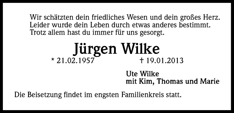  Traueranzeige für Jürgen Wilke vom 26.01.2013 aus Kölner Stadt-Anzeiger / Kölnische Rundschau / Express
