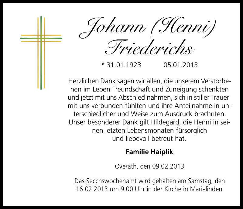  Traueranzeige für Johann Friederichs vom 09.02.2013 aus Kölner Stadt-Anzeiger / Kölnische Rundschau / Express