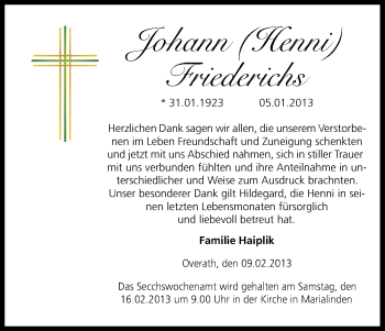 Anzeige von Johann Friederichs von Kölner Stadt-Anzeiger / Kölnische Rundschau / Express