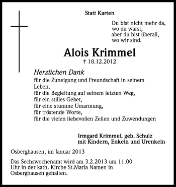 Anzeige von Alois Krimmel von Kölner Stadt-Anzeiger / Kölnische Rundschau / Express