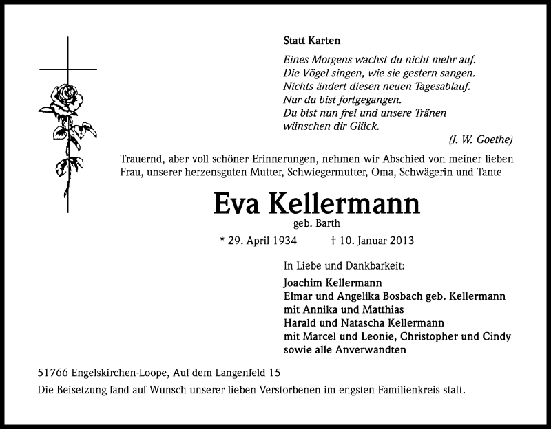  Traueranzeige für Eva Kellermann vom 26.01.2013 aus Kölner Stadt-Anzeiger / Kölnische Rundschau / Express