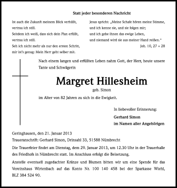 Anzeige von Margret Hillesheim von Kölner Stadt-Anzeiger / Kölnische Rundschau / Express