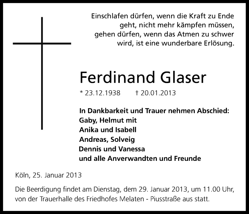  Traueranzeige für Ferdinand Glaser vom 25.01.2013 aus Kölner Stadt-Anzeiger / Kölnische Rundschau / Express