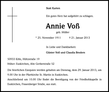 Anzeige von Anni Voß von Kölner Stadt-Anzeiger / Kölnische Rundschau / Express