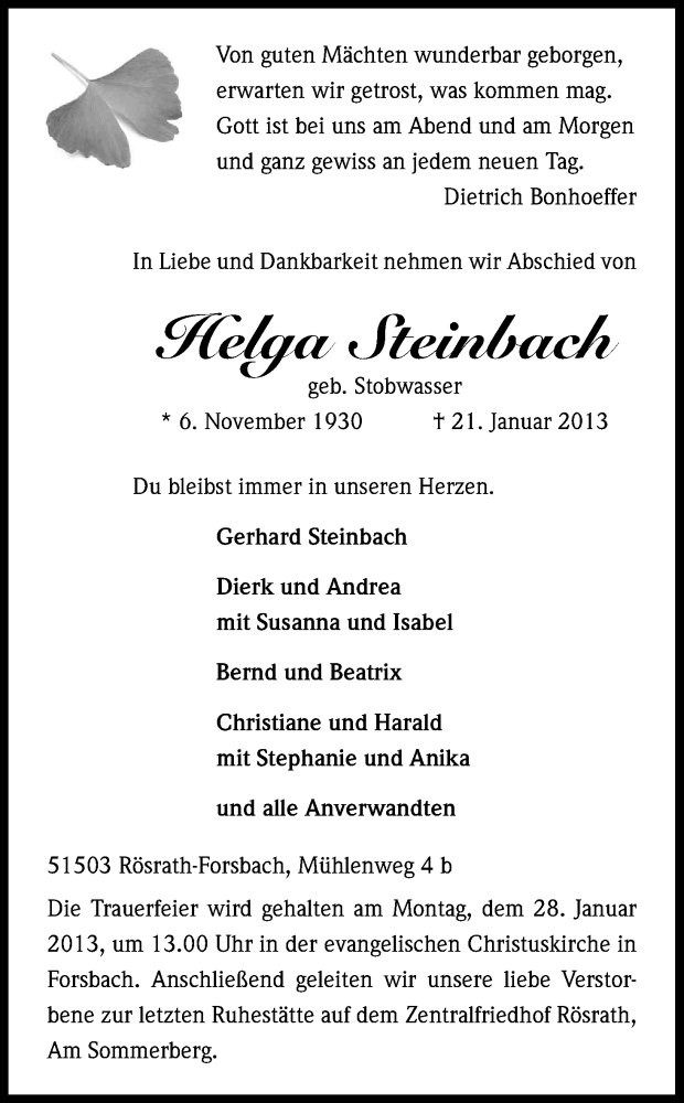  Traueranzeige für Helga Steinbach vom 25.01.2013 aus Kölner Stadt-Anzeiger / Kölnische Rundschau / Express