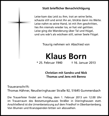 Anzeige von Klaus Born von Kölner Stadt-Anzeiger / Kölnische Rundschau / Express