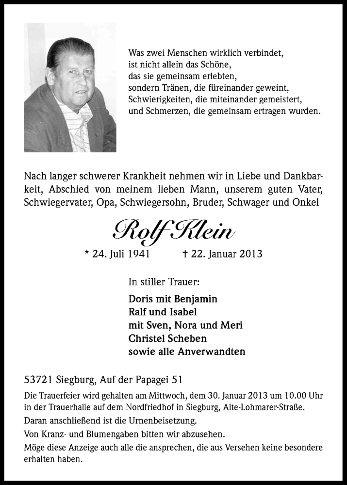  Traueranzeige für Rolf Klein vom 26.01.2013 aus Kölner Stadt-Anzeiger / Kölnische Rundschau / Express