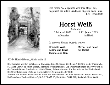 Anzeige von Horst Weiß von Kölner Stadt-Anzeiger / Kölnische Rundschau / Express