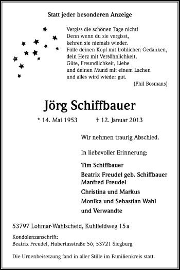 Anzeige von Jörg Schiffbauer von Kölner Stadt-Anzeiger / Kölnische Rundschau / Express