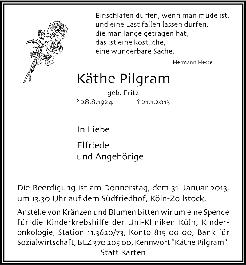  Traueranzeige für Käthe Pilgram vom 28.01.2013 aus Kölner Stadt-Anzeiger / Kölnische Rundschau / Express