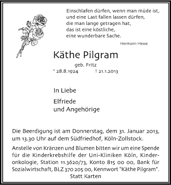 Anzeige von Käthe Pilgram von Kölner Stadt-Anzeiger / Kölnische Rundschau / Express