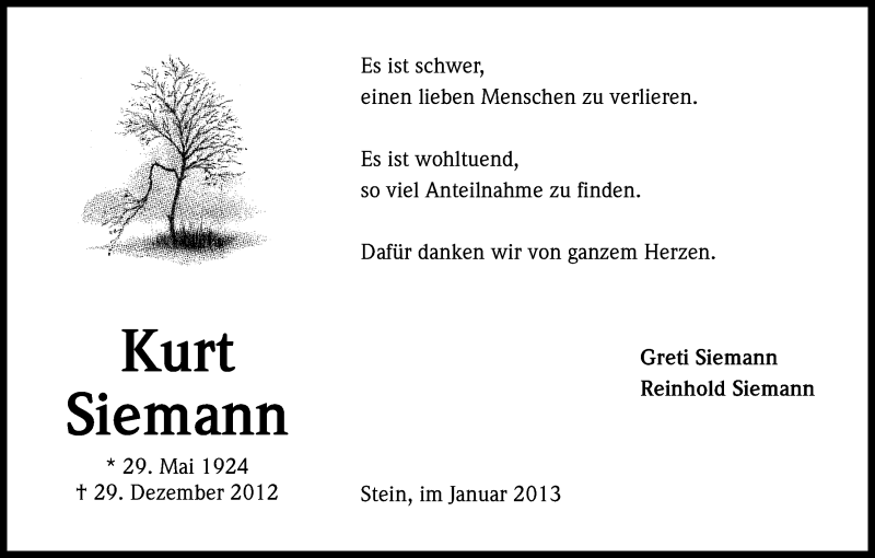 Traueranzeige für Kurt Siemann vom 29.01.2013 aus Kölner Stadt-Anzeiger / Kölnische Rundschau / Express