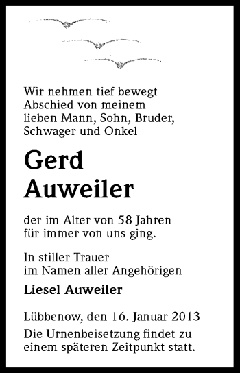 Anzeige von Gerd Auweiler von Kölner Stadt-Anzeiger / Kölnische Rundschau / Express
